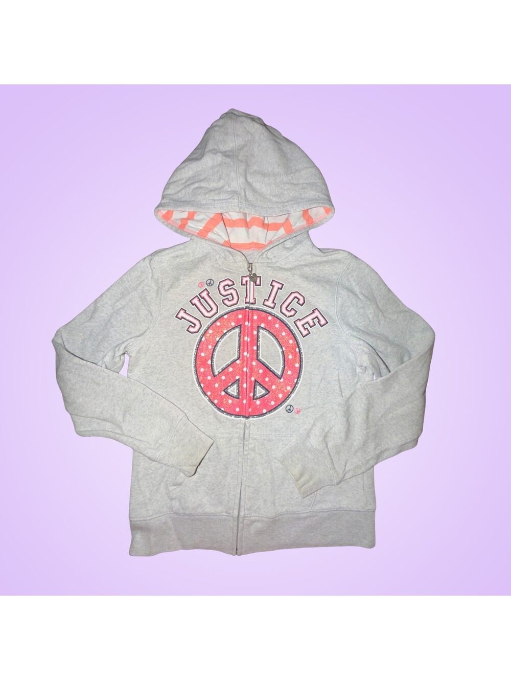Justice Girls Gray Full Zip Hoodie Peace Sign Logo Sequin Pocket Size 10